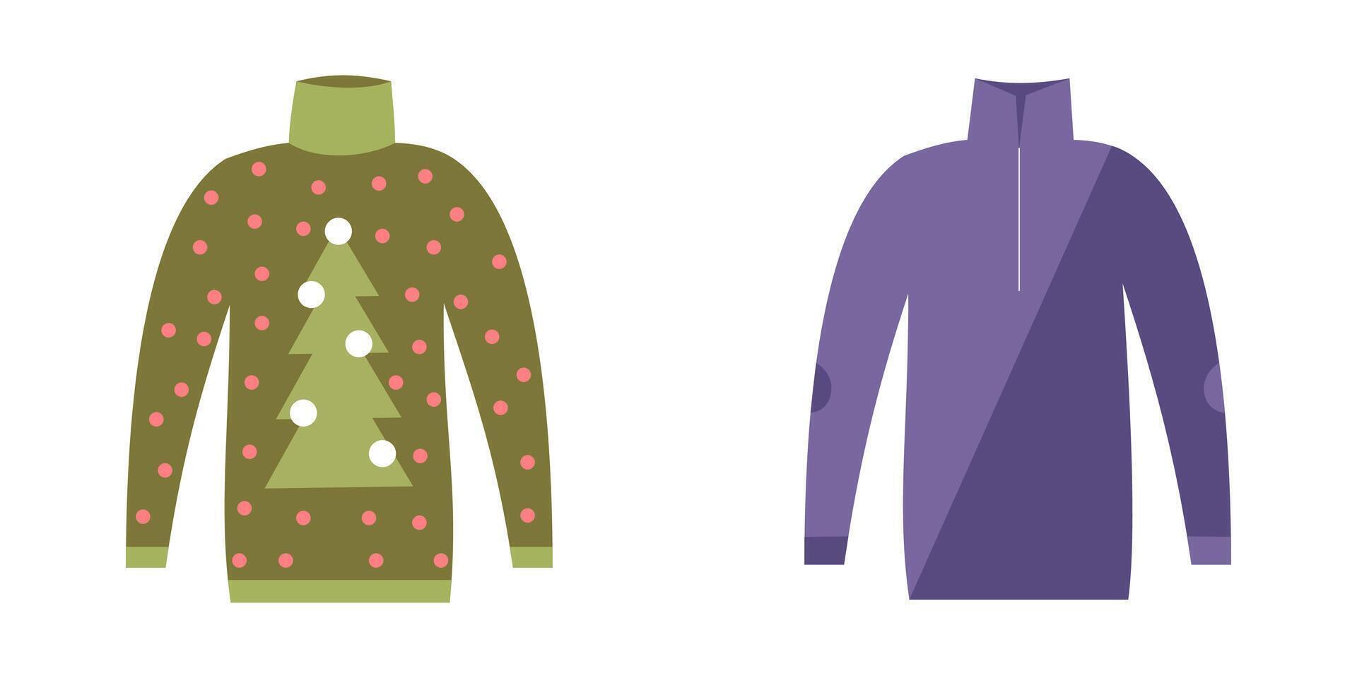 illustration of two sweaters, one with a Christmas tree design and the other in solid purple, ideal for holiday and winter fashion themes. vector