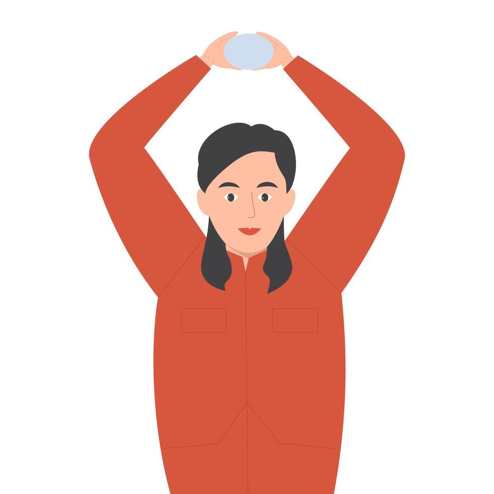 illustration of a woman in an orange winter jacket, smiling and holding a snowball above her head. vector