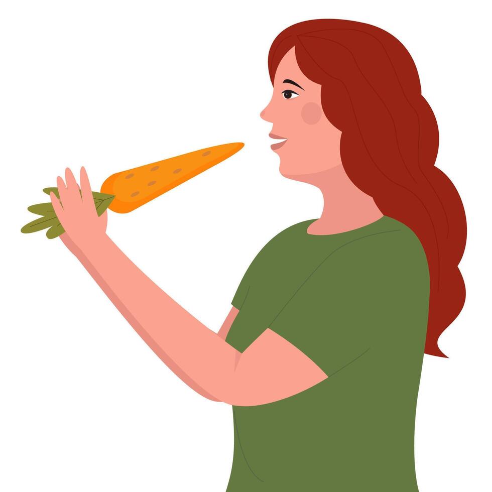 illustration of a woman holding a large carrot, symbolizing healthy eating, organic farming, and fresh produce in a playful and natural design. vector