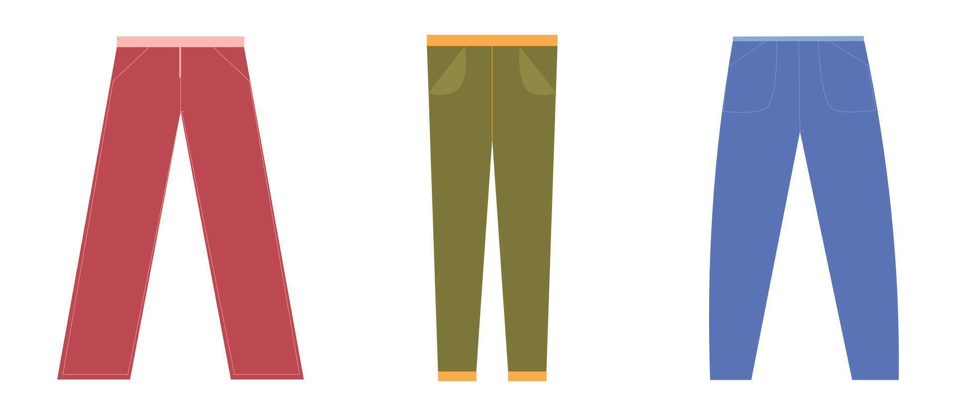 illustration of three pairs of pants in red, green, and blue, perfect for casual fashion, wardrobe essentials, and clothing design themes. vector