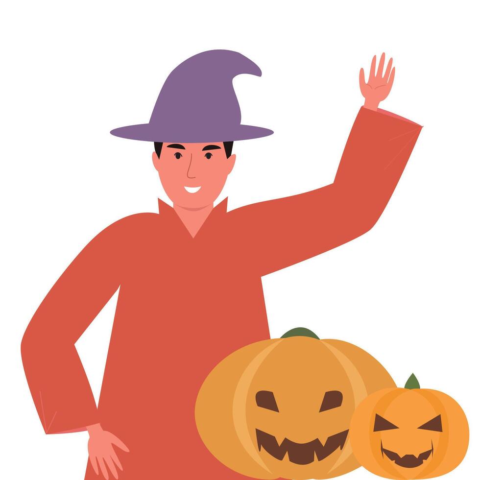 illustration of a smiling man dressed in a Halloween costume, wearing a purple hat and orange shirt, next to two carved jack-o-lantern pumpkins. vector