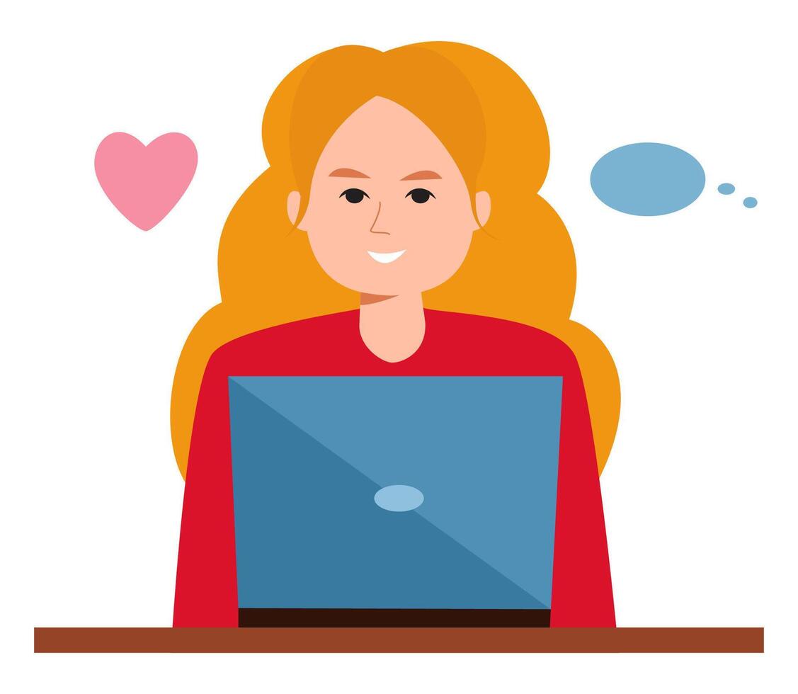 illustration of a smiling woman working on a laptop with a heart icon, symbolizing love for work or online communication. vector