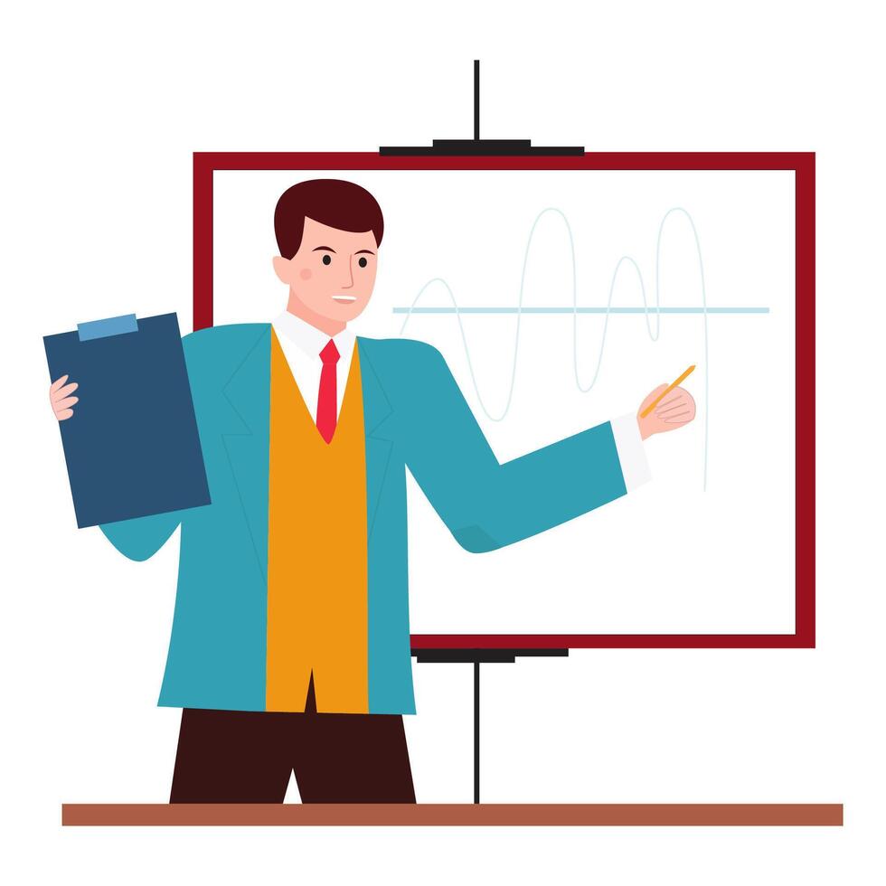 illustration of a man presenting with a clipboard in front of a chart, perfect for business and corporate settings. vector