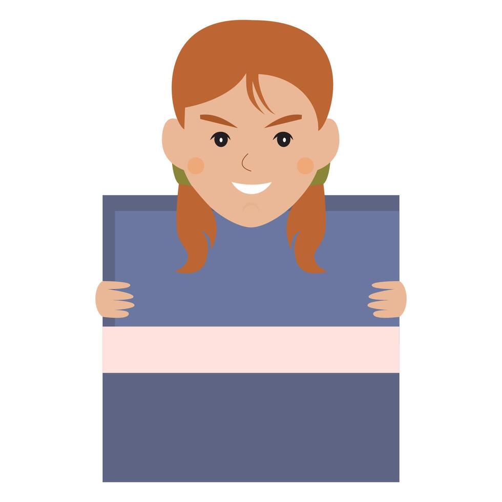 Smiling girl holding a wrapped gift box in a simple style. vector