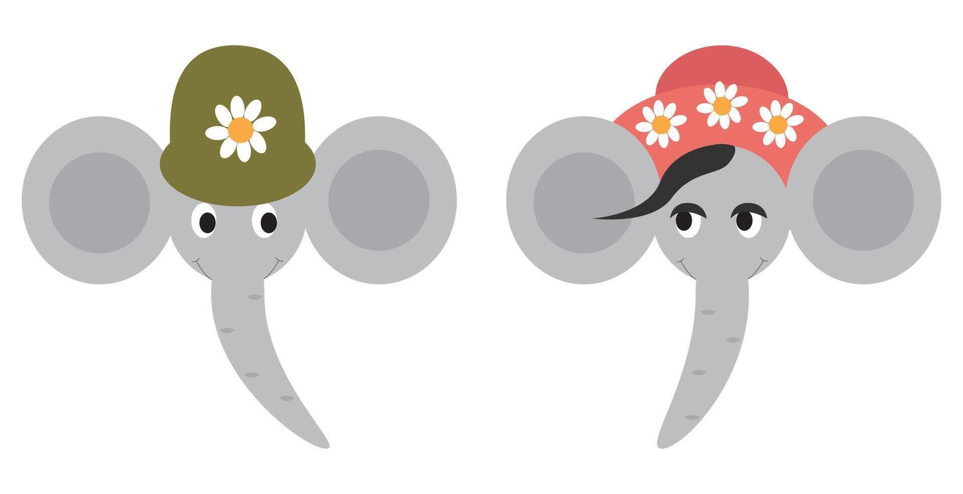 illustration of two adorable elephants wearing hats with flowers. vector