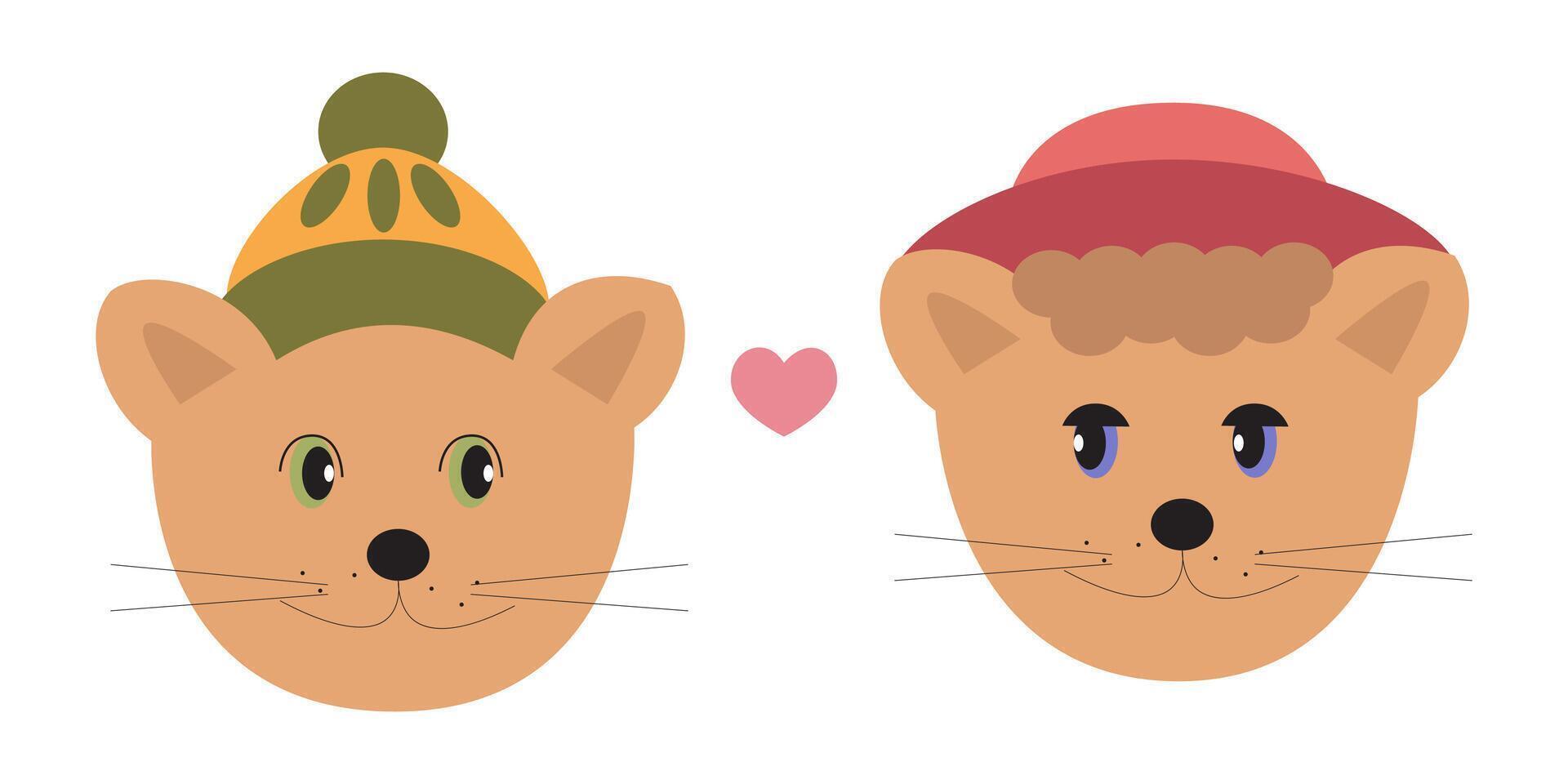 illustration of two cat faces with hats and a heart symbol. vector