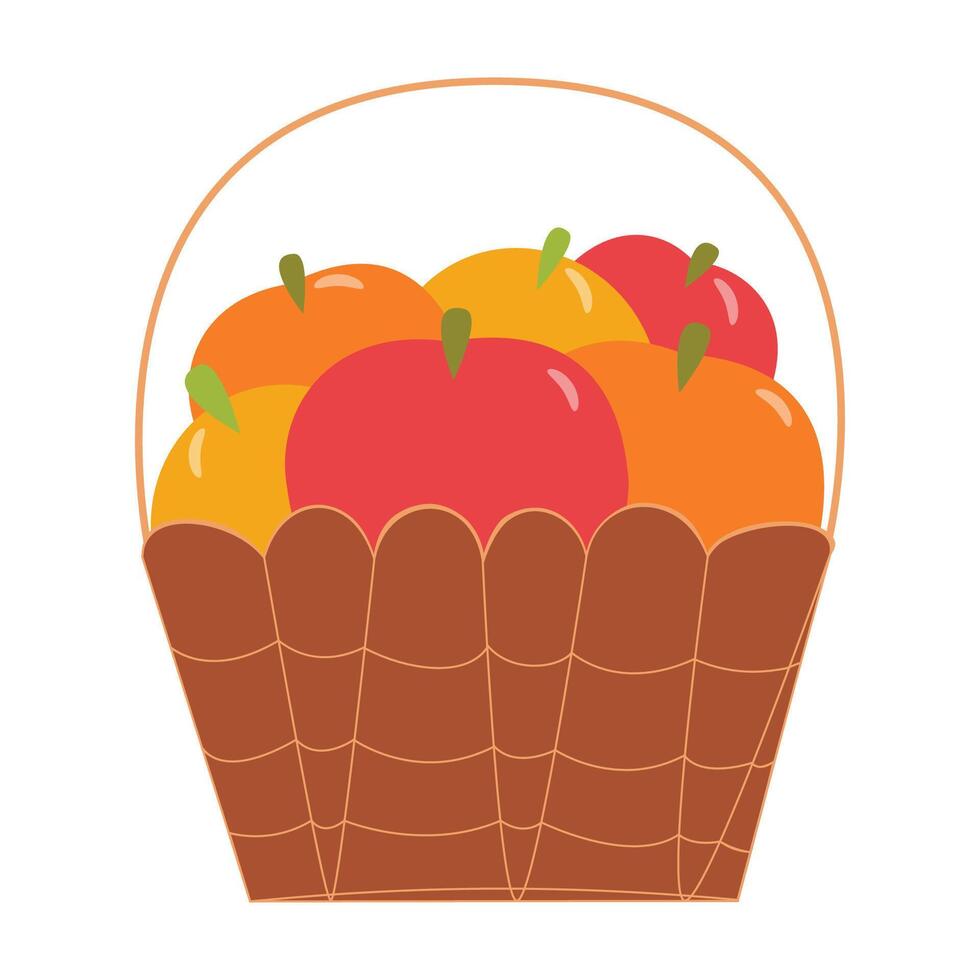 of a wicker basket filled with apples and oranges. vector