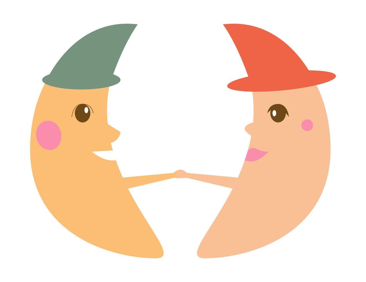 of two moon characters holding hands with smiling faces. vector