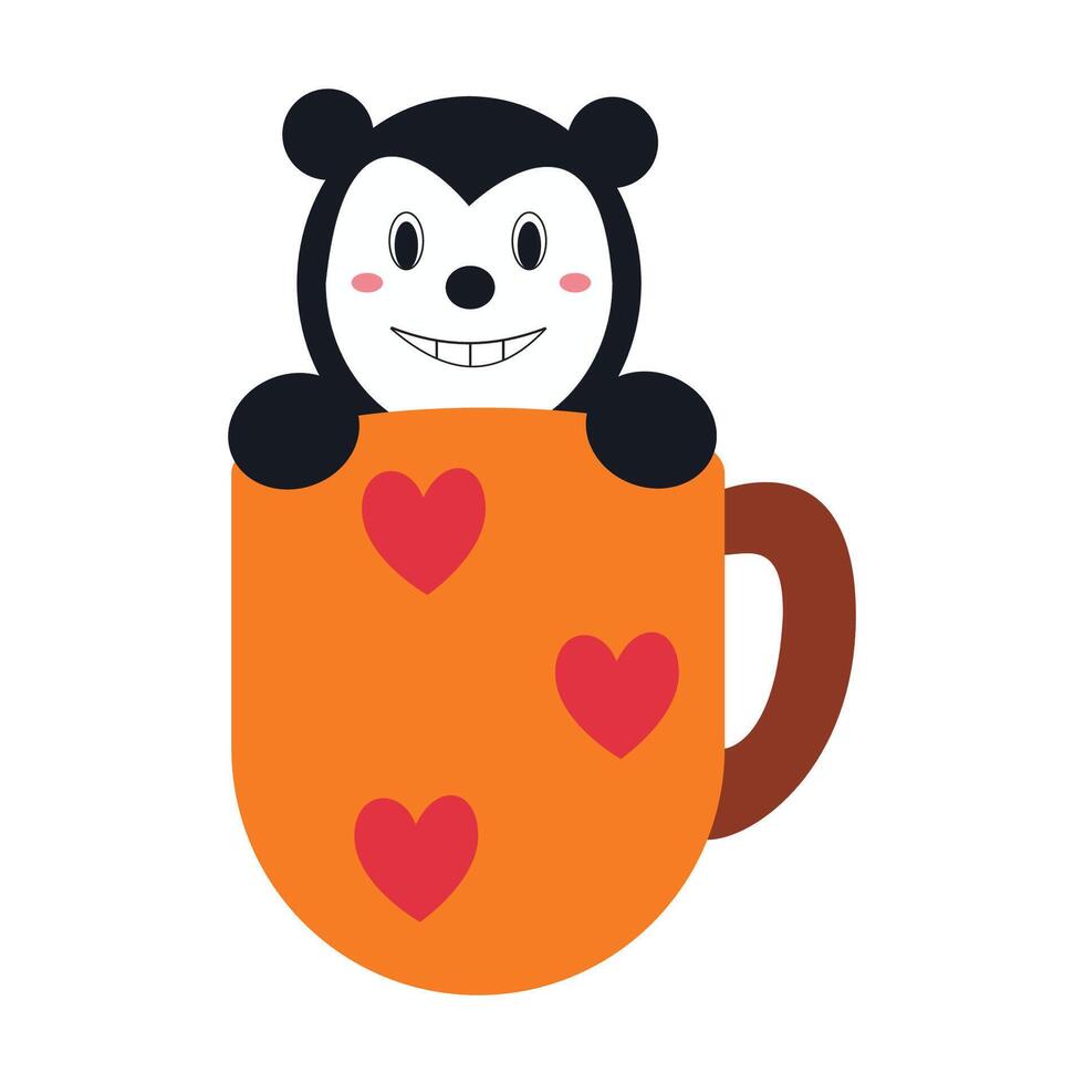 of a cartoon bear peeking out from an orange mug with heart designs. vector