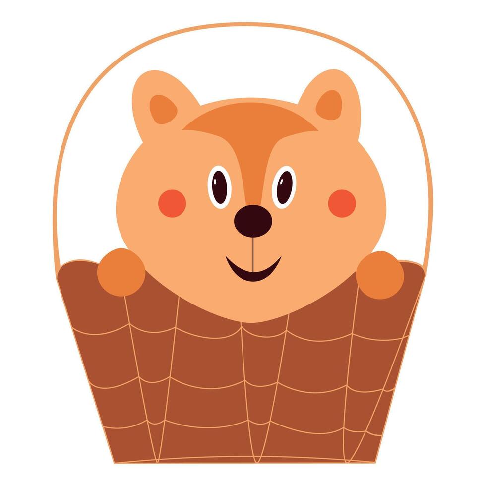 of a cute bear peeking out of a wicker basket with a smile. vector