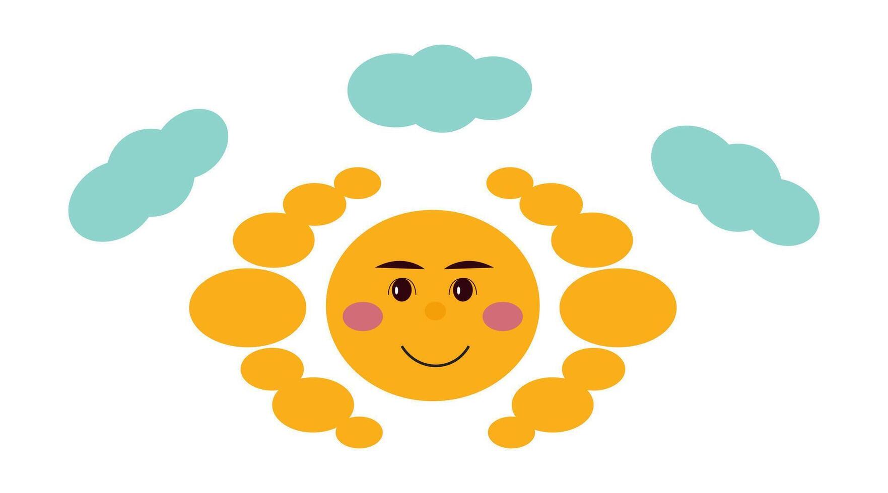 of a cheerful sun face surrounded by fluffy blue clouds. vector