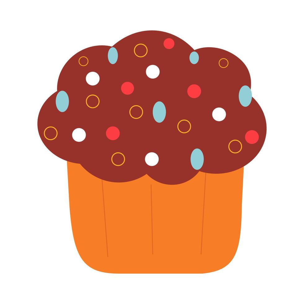 of a chocolate muffin with colorful round sprinkles. vector