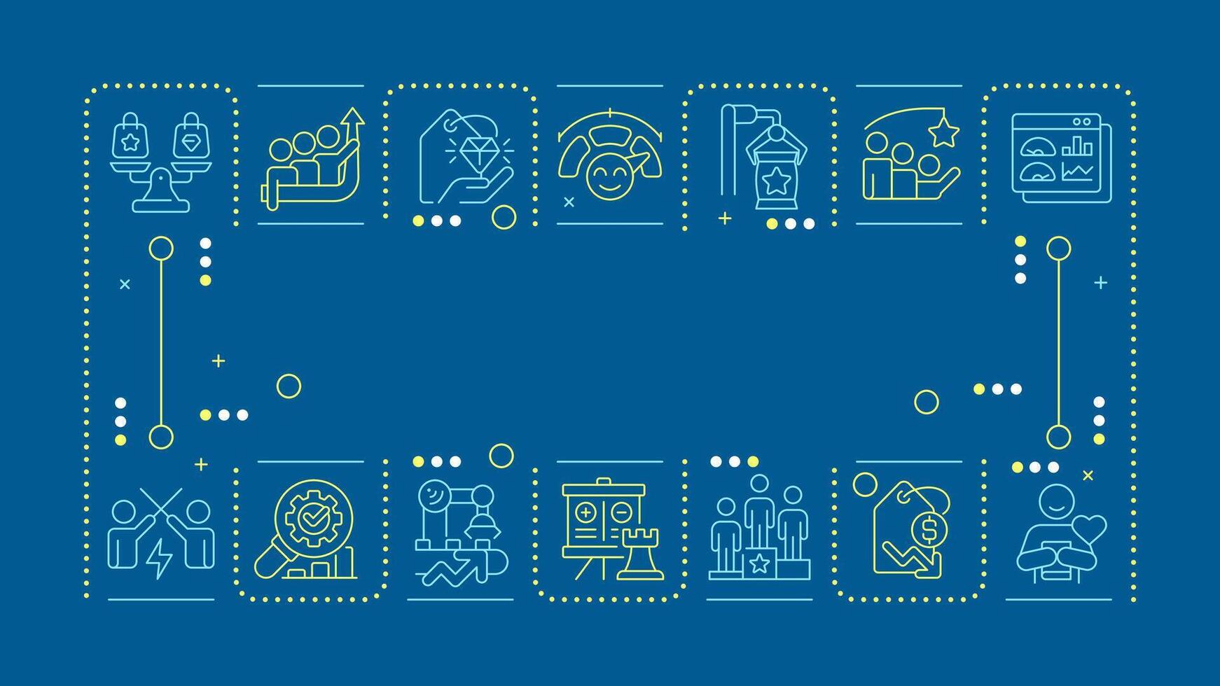 Competitive strategy dark blue word concept. Identifying business company advantages on market. Horizontal image. Headline text surrounded by editable outline icons vector