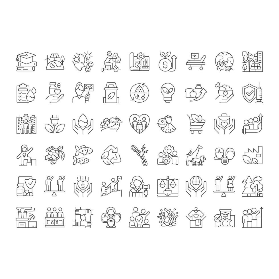 Sustainable development goal linear icons set. Green energy, production. Industrialization, innovation. Customizable thin line symbols. Isolated outline illustrations. Editable stroke vector