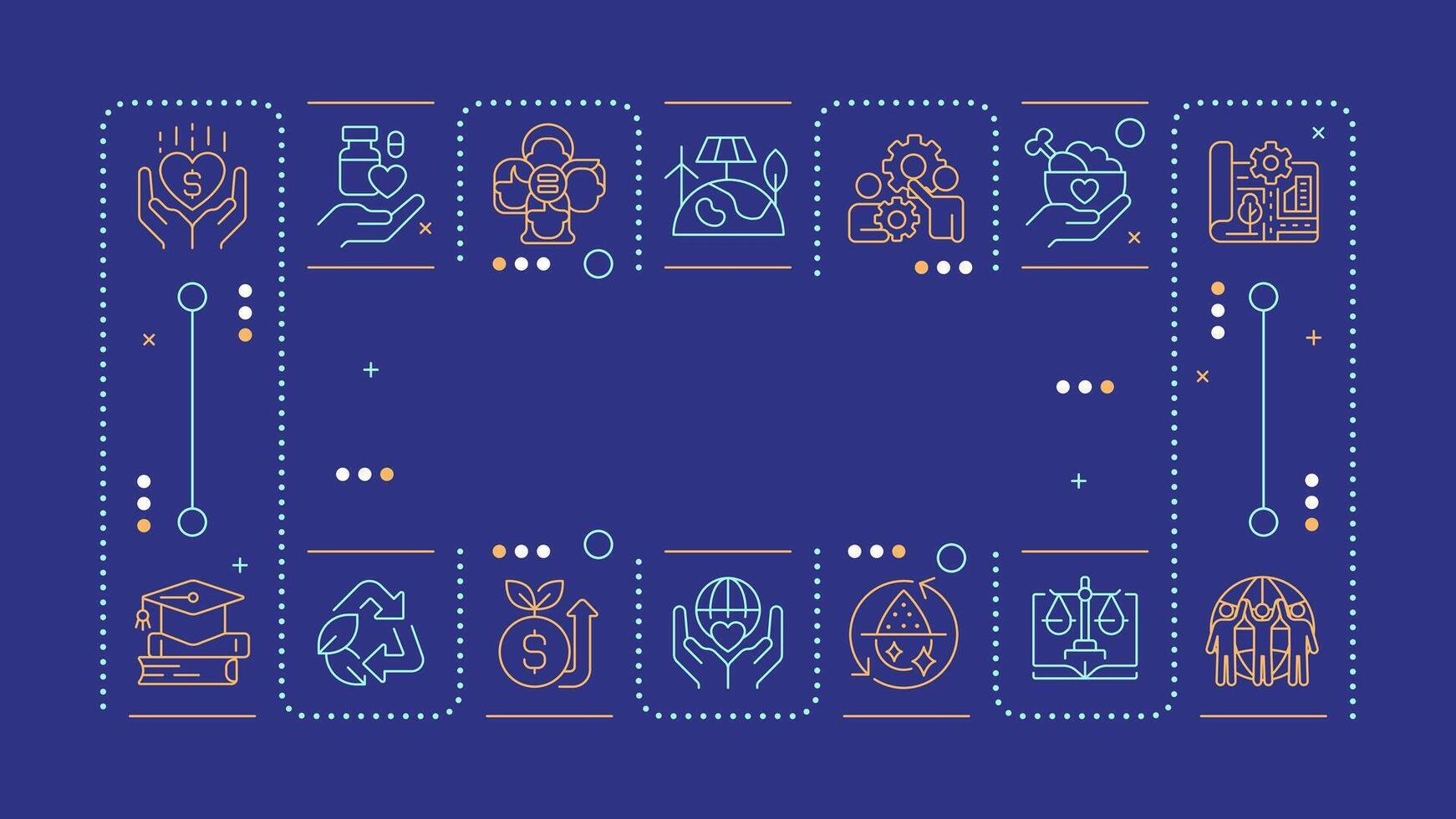 SDG blue word concept. Gender equality. Ecology preservation. Industrialization, innovation. Horizontal image. Headline text surrounded by editable outline icons vector