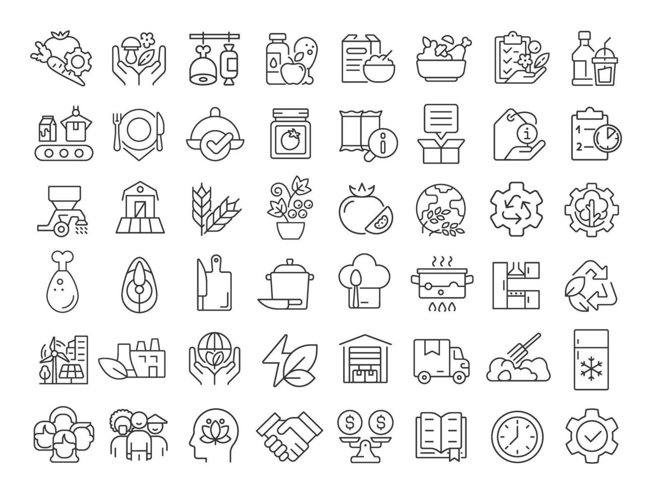 Sustainable food systems linear icons set. Ecology preservation, waste recovery. Production, consumption. Customizable thin line symbols. Isolated outline illustrations. Editable stroke vector