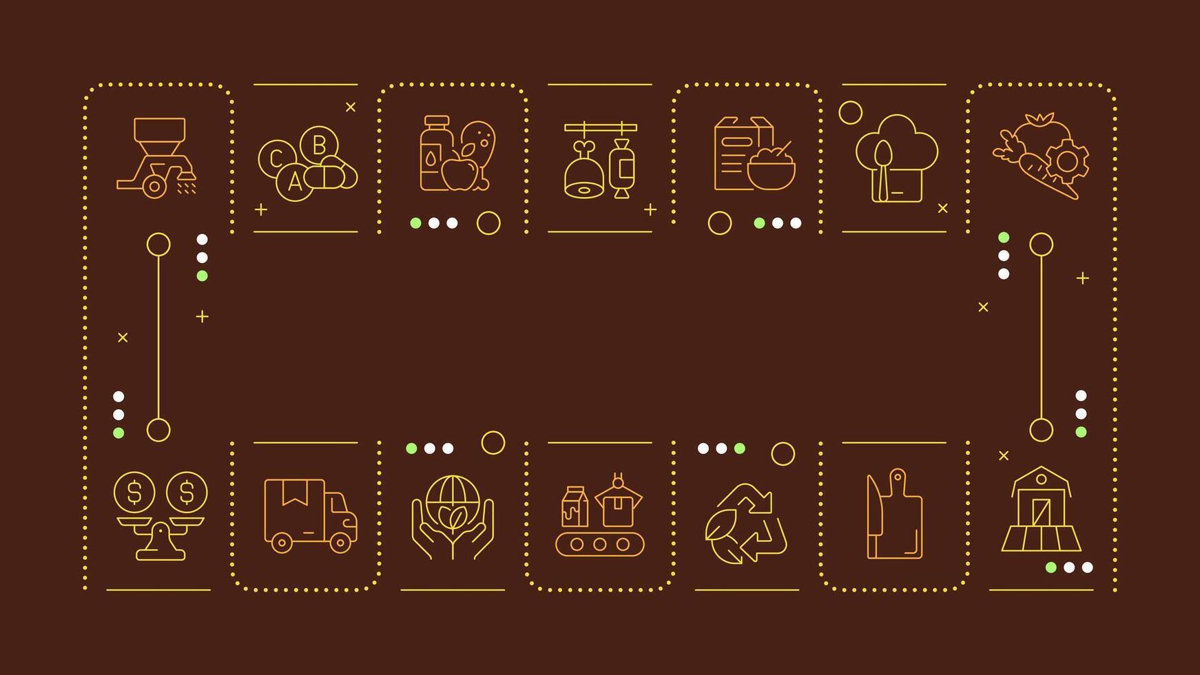 Sustainable food systems brown word concept. Production, transportation. Natural products. Horizontal image. Headline text surrounded by editable outline icons vector