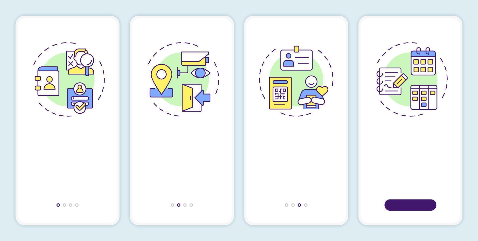 Visitor management system onboarding mobile app screen. Walkthrough 4 steps editable graphic instructions with linear concepts. UI, UX, GUI template vector