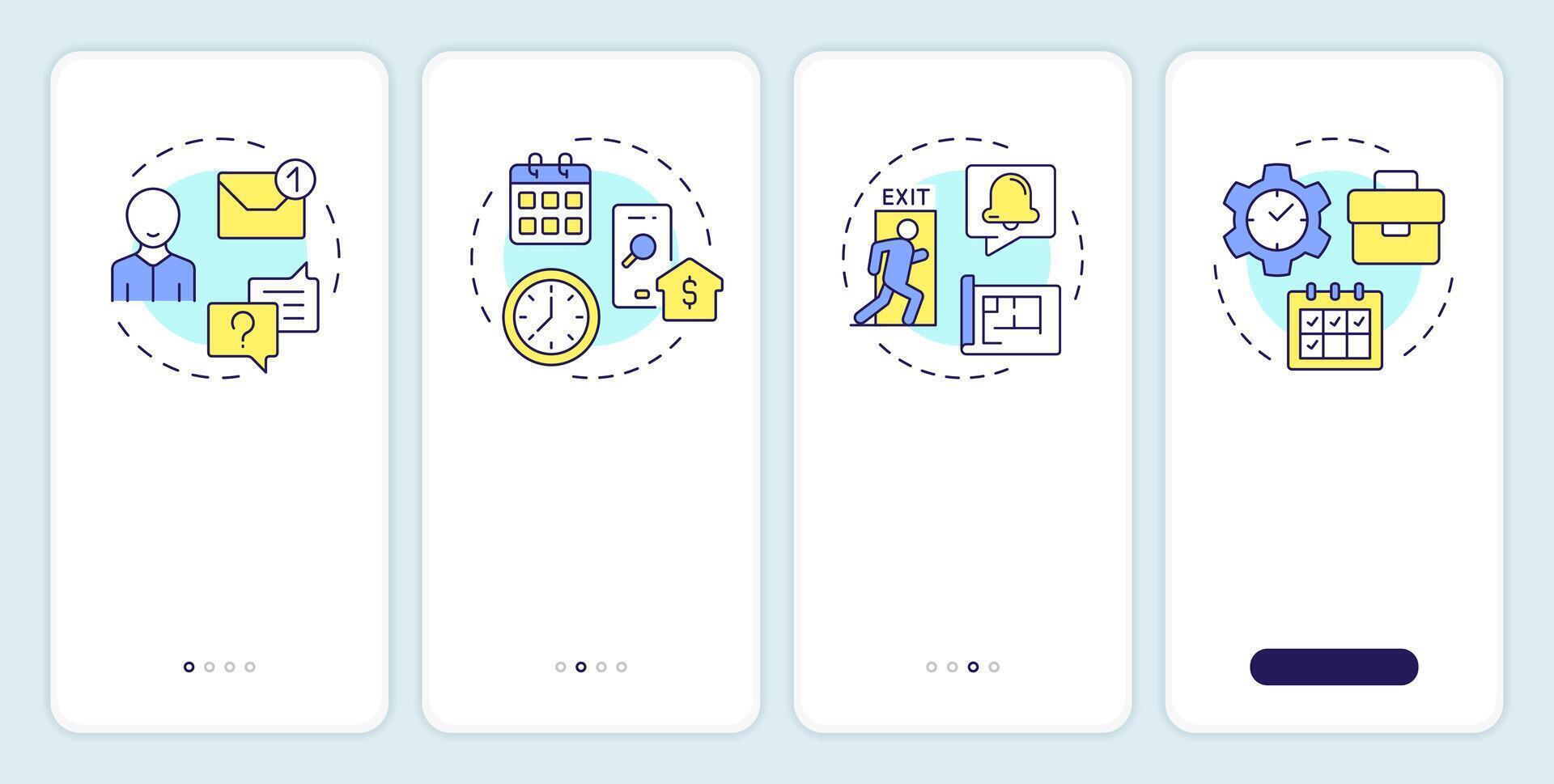 Visitor management system features onboarding mobile app screen. Walkthrough 4 steps editable graphic instructions with linear concepts. UI, UX, GUI template vector