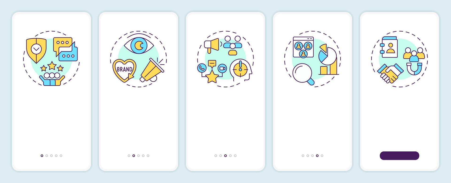 Social listening benefits onboarding mobile app screen. Walkthrough 5 steps editable graphic instructions with linear concepts. UI, UX, GUI template vector