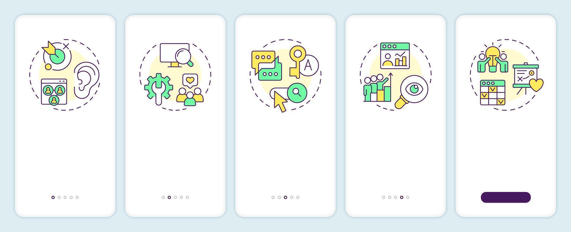 Social listening strategy onboarding mobile app screen. Walkthrough 5 steps editable graphic instructions with linear concepts. UI, UX, GUI template vector
