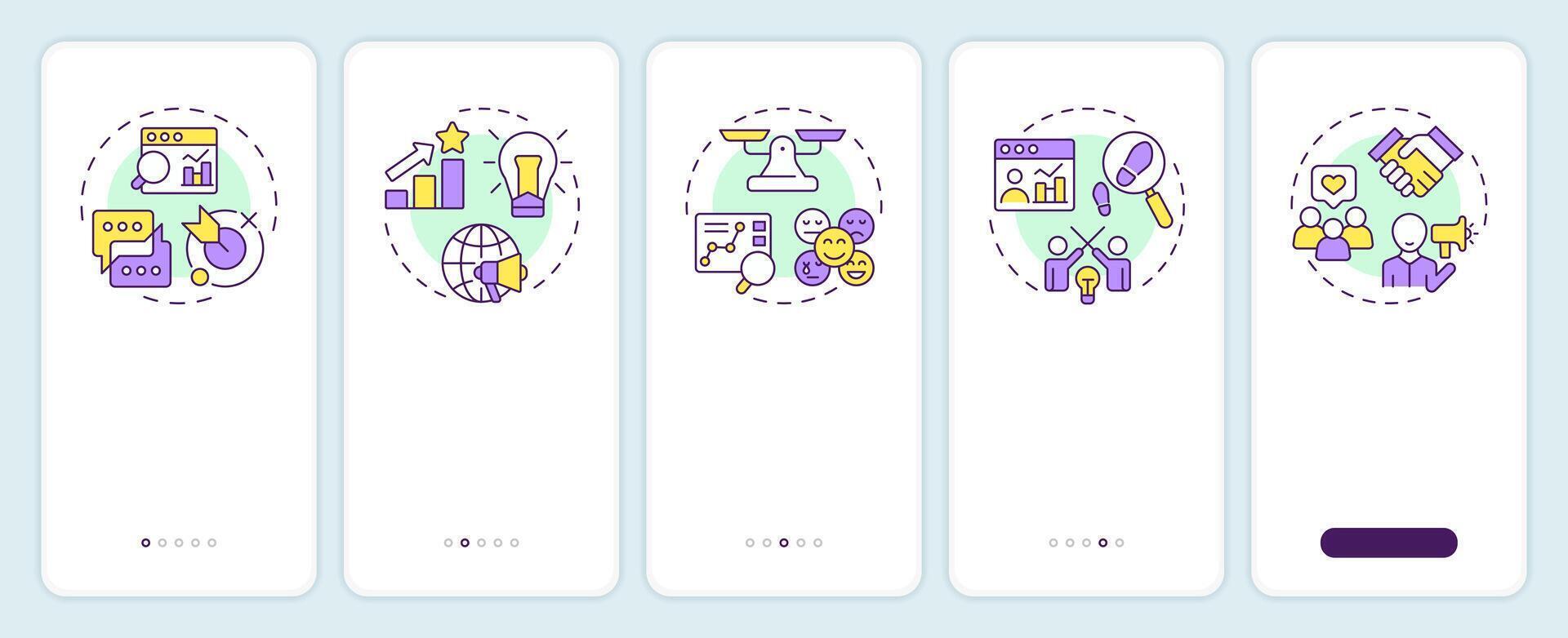 Social listening features onboarding mobile app screen. Walkthrough 5 steps editable graphic instructions with linear concepts. UI, UX, GUI template vector