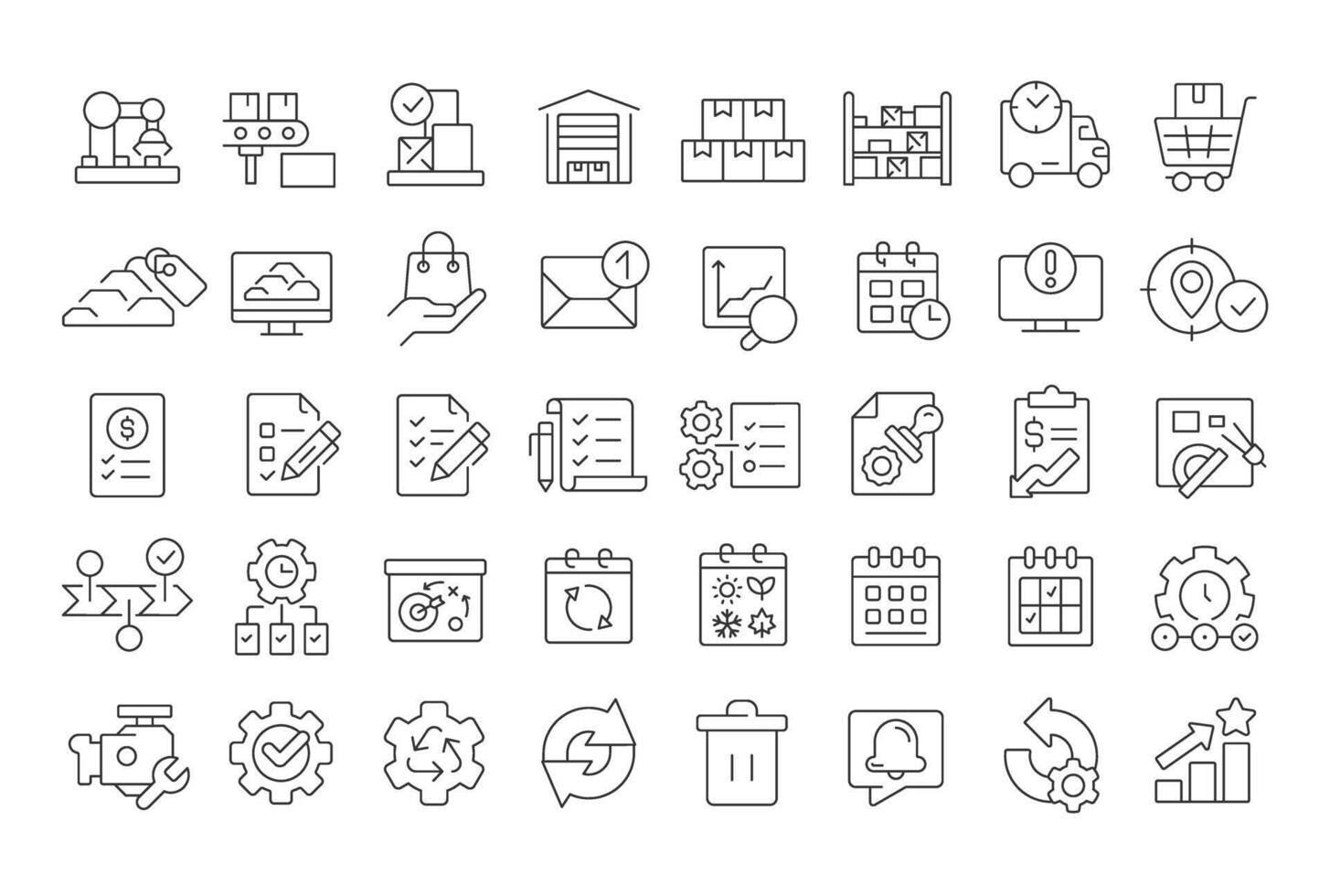 Material resource planning linear icons set. System of manufacturing scheduling and inventory management. Customizable thin line symbols. Isolated outline illustrations. Editable stroke vector