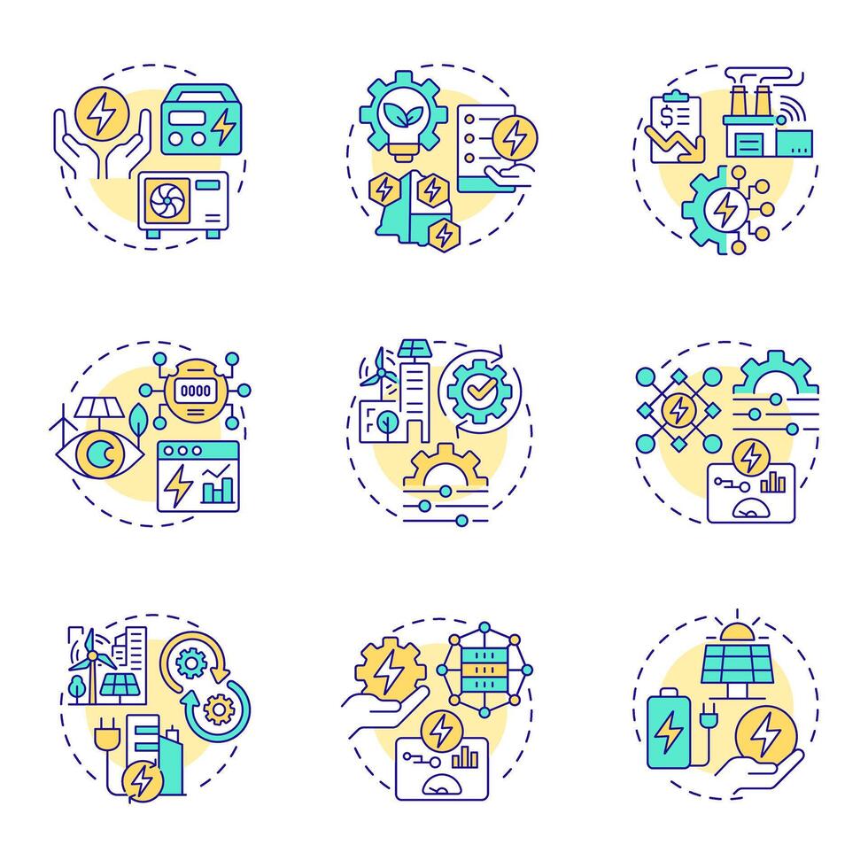 Energy management multi color concept icons. Power consumption. Control, tracking. Monitoring systems. Icon pack. Round shape illustrations for infographic. Abstract idea vector