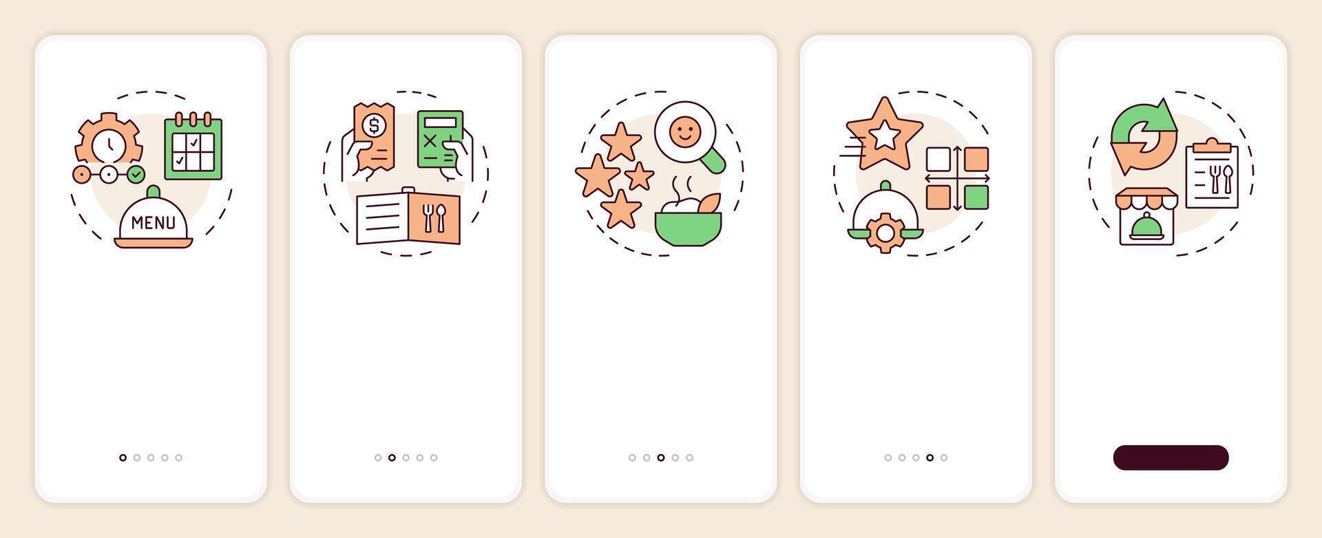 Steps of menu engineering onboarding mobile app screen. Walkthrough 5 steps editable graphic instructions with linear concepts. UI, UX, GUI template vector