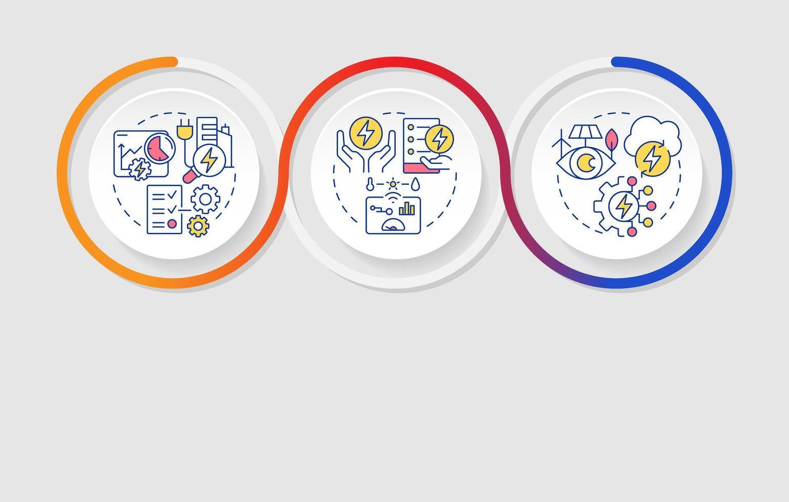 Energy management different approaches infographics circles sequence. Power consumption. Visualization layout with 3 steps. Info chart loop process presentation vector