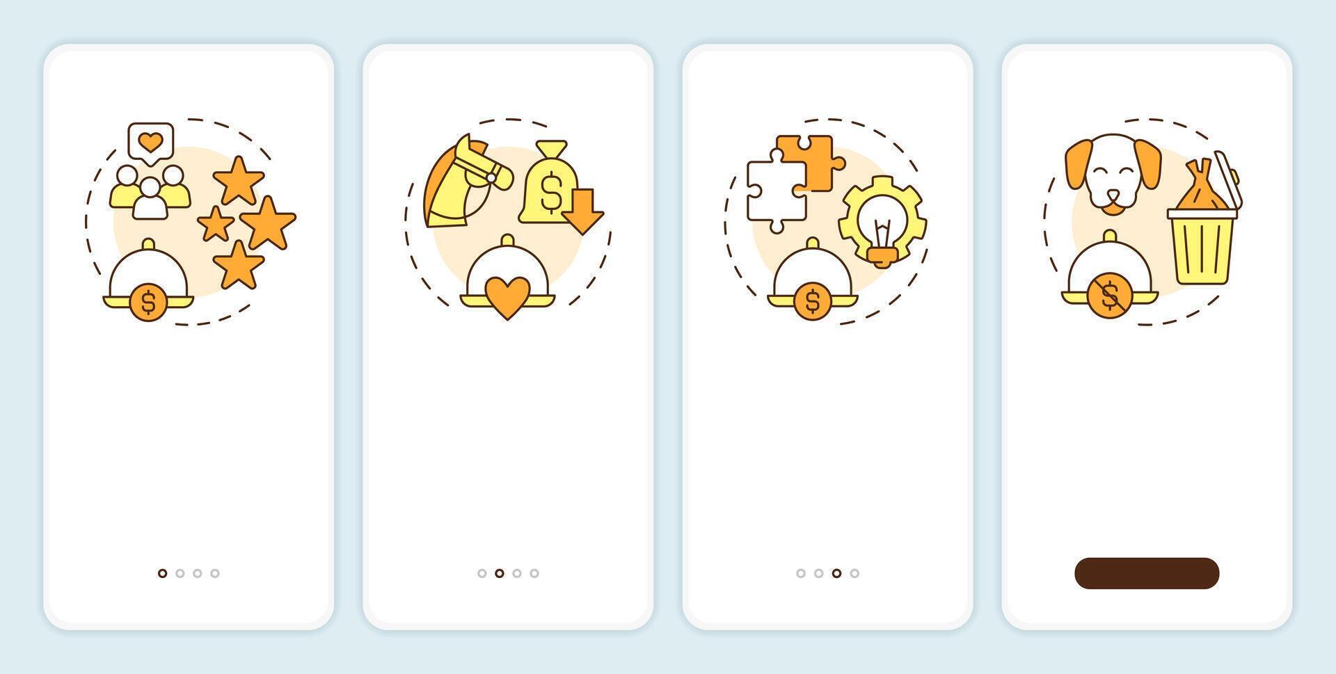 Menu engineering matrix onboarding mobile app screen. Walkthrough 4 steps editable graphic instructions with linear concepts. UI, UX, GUI template vector