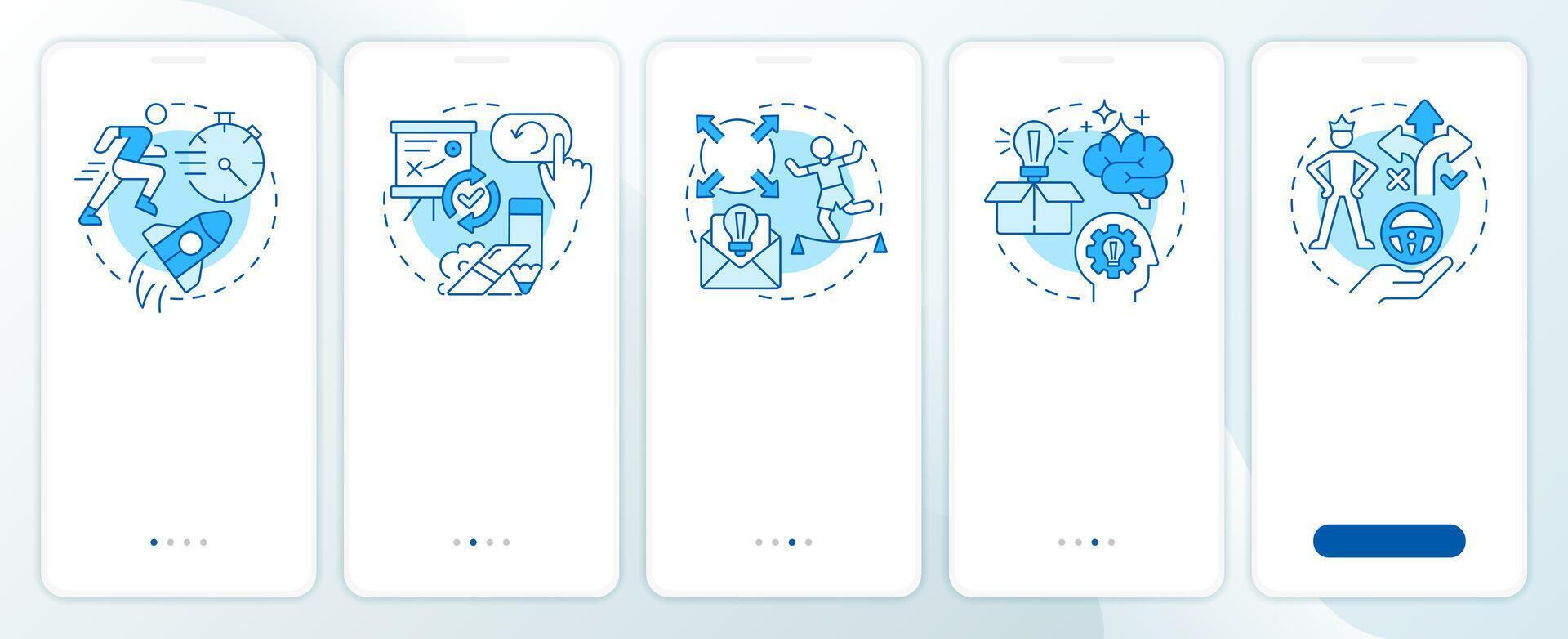 Corporate planning blue onboarding mobile app screen. Walkthrough 5 steps editable graphic instructions with linear concepts. UI, UX, GUI template vector