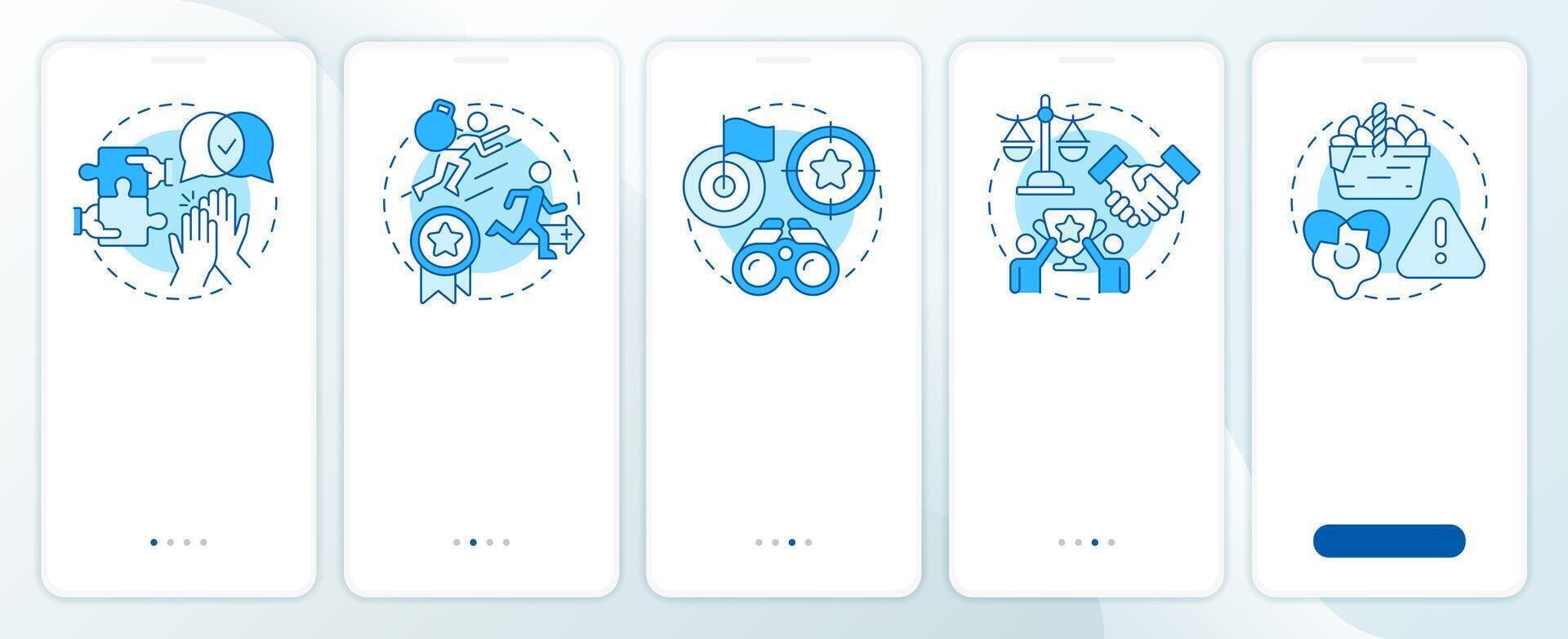 Teamwork organization blue onboarding mobile app screen. Walkthrough 5 steps editable graphic instructions with linear concepts. UI, UX, GUI template vector