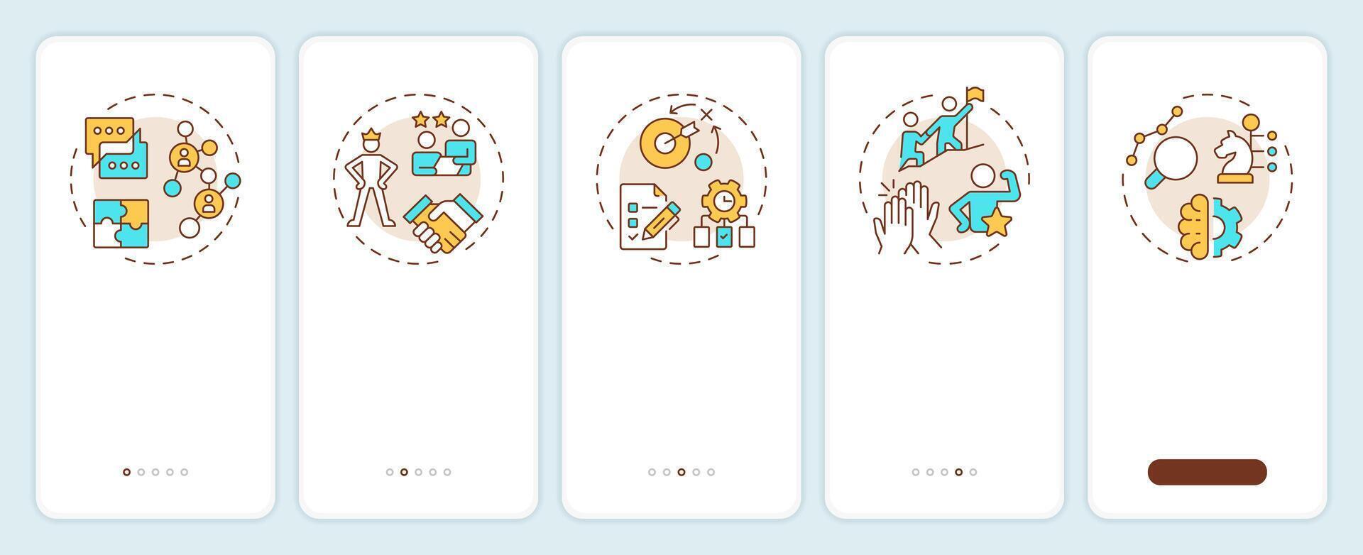 Line manager skills onboarding mobile app screen. Corporate. Walkthrough 5 steps editable graphic instructions with linear concepts. UI, UX, GUI template vector