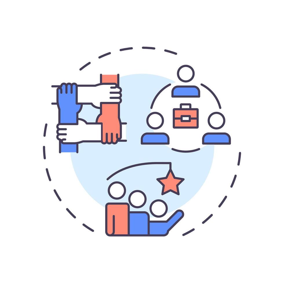 Team building multi color concept icon. Fostering strong work relationships. Line manager responsibility. Round shape line illustration. Abstract idea. Graphic design. Easy to use in booklet vector