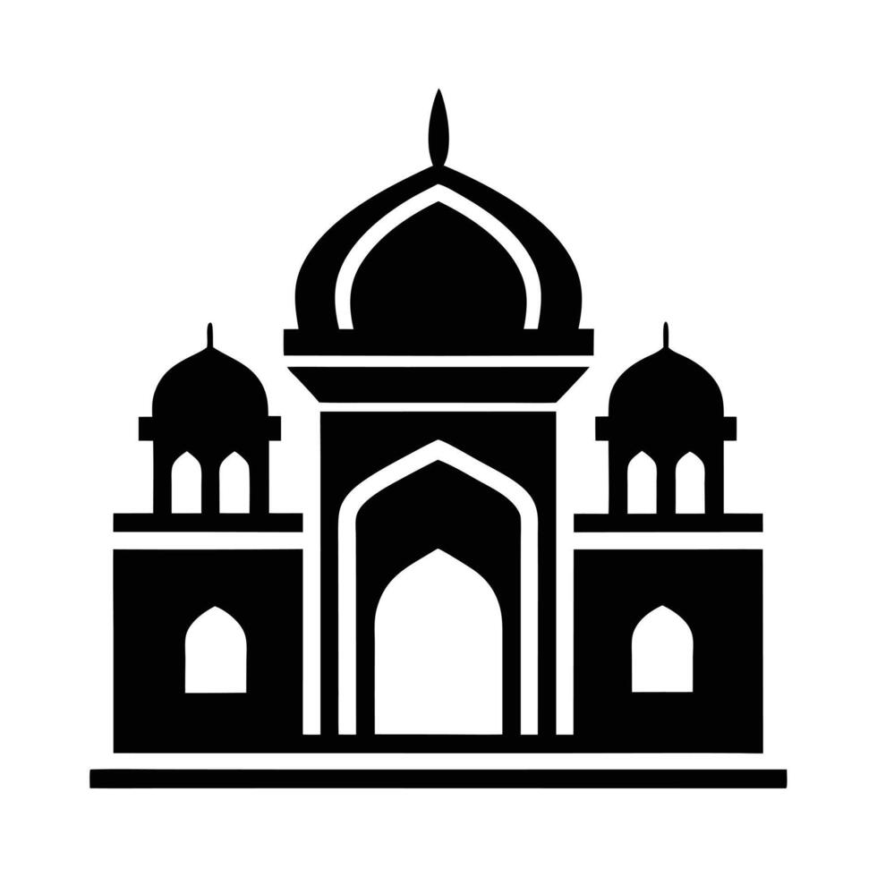 A stylized silhouette of a mosque, presented in black and white against an orange yellow circle representing the sun. vector