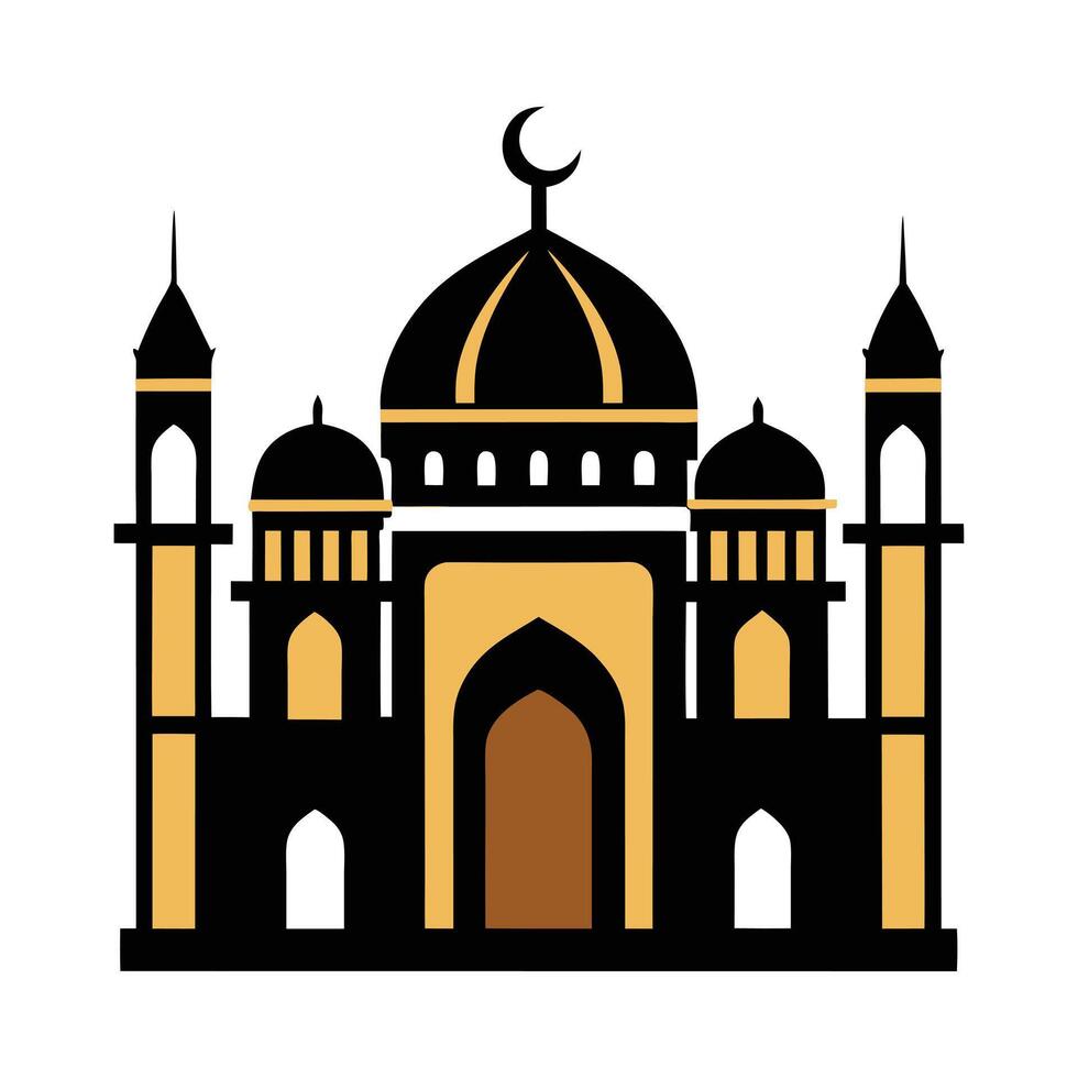 This stylized, black and white graphic depicts a mosque. vector