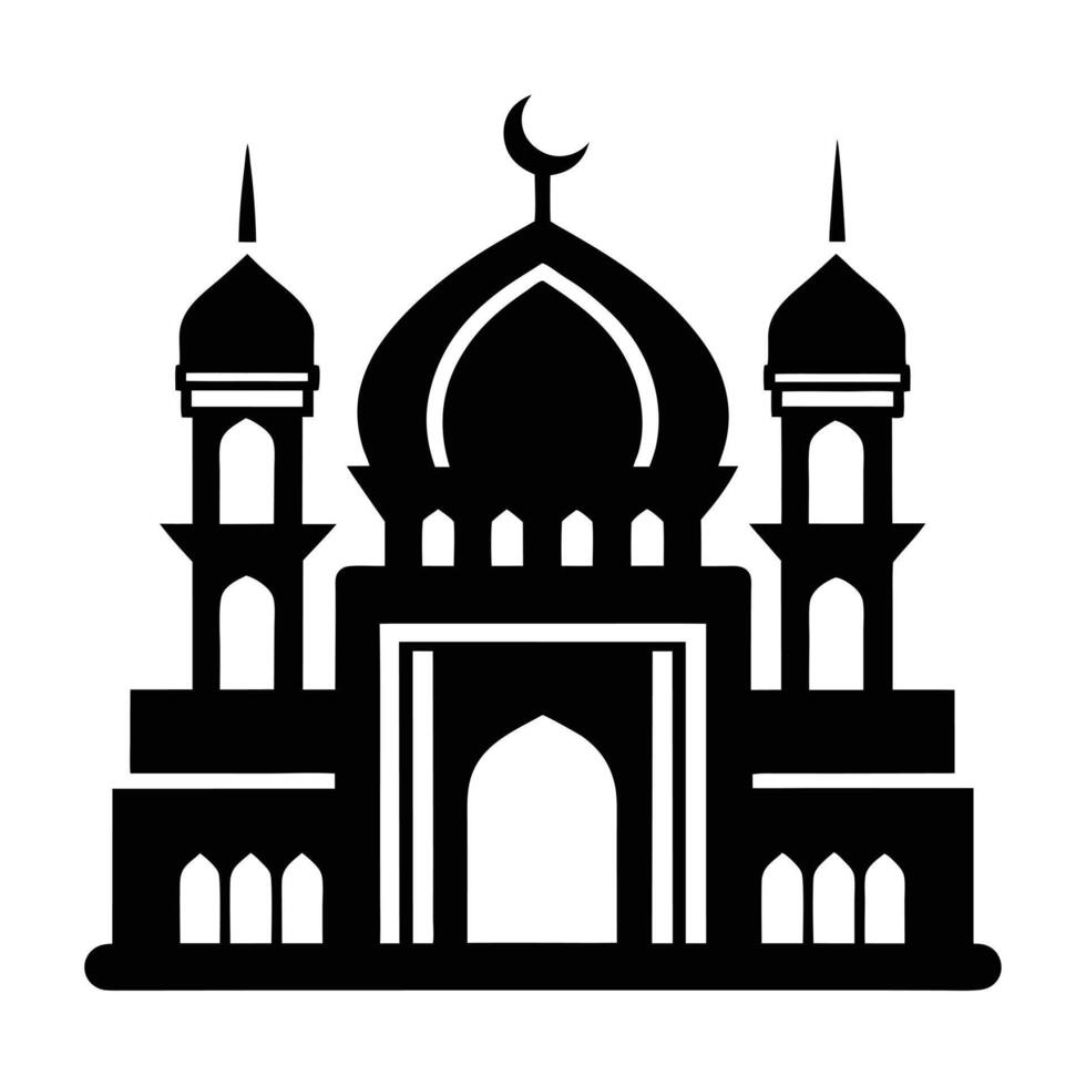This stylized, black and white silhouette showcases a mosque, a significant religious structure in Islam. vector