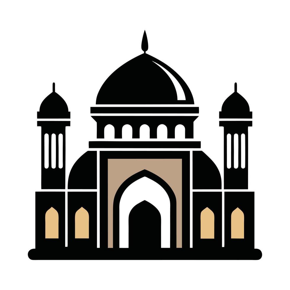 This is a stylized, black and white silhouette of a mosque at night. vector