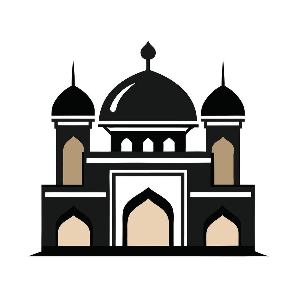black and white silhouette showcases a mosque, capturing its architectural grandeur and Islamic design elements. vector