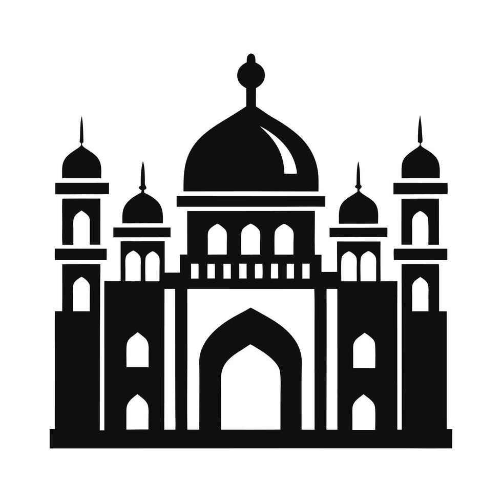 black and white silhouette of a mosque at night, framed by decorative Islamic patterns. vector