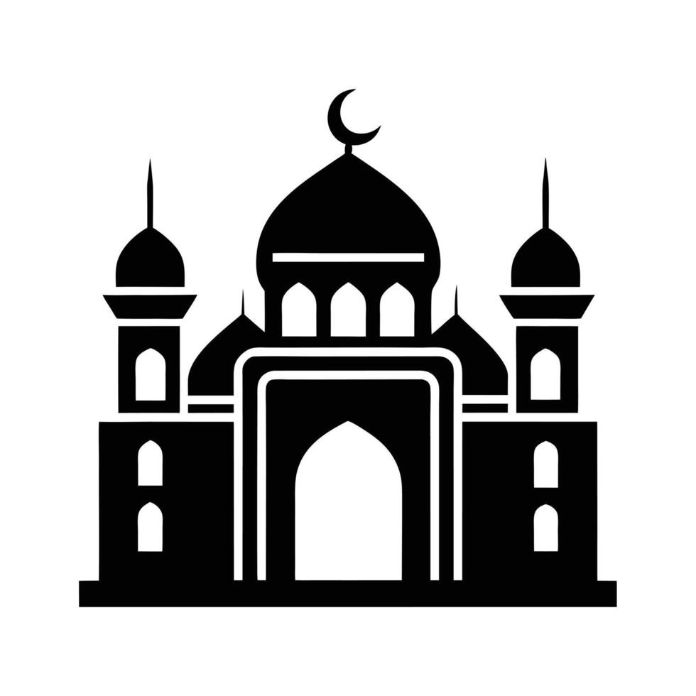 A stylized, black and white silhouette of a mosque at night, framed by decorative Islamic patterns. vector