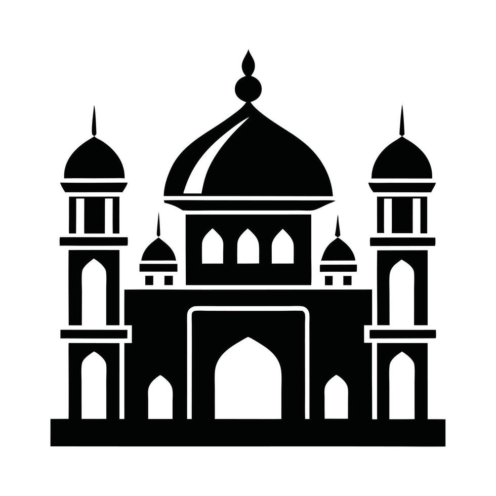 A simple, black and white silhouette of a mosque, crescent moon, and stars. vector
