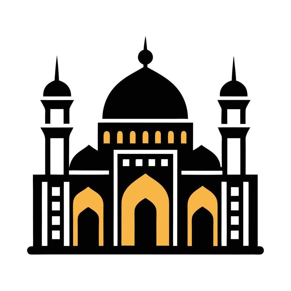 A stylized, black silhouette of a mosque at night, with a moon and stars, suitable for use in religious contexts, particularly Islamic themes. vector