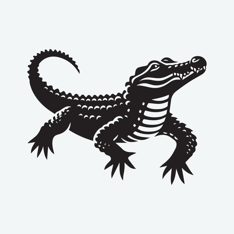 A bold, black and white graphic illustration of a crocodile. vector