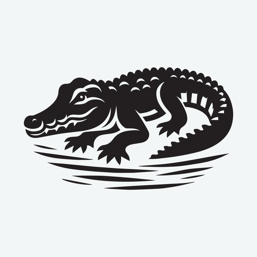 A powerful, black and white silhouette of a crocodile, perfect for logo design, wildlife illustrations, or educational materials. vector