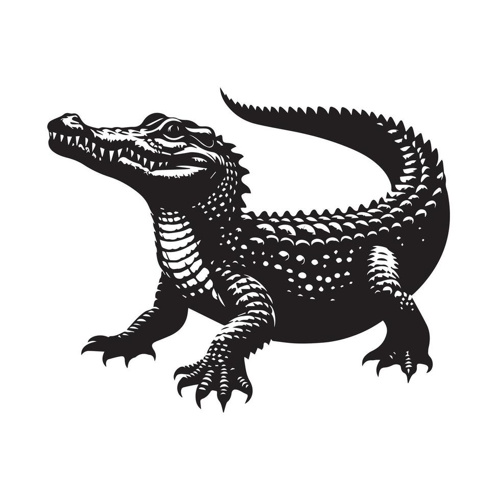 A stylized, black and white graphic of a small alligator. vector