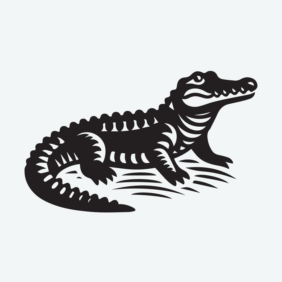A powerful, stylized black and white graphic of a crocodile emerging from water, positioned on rocks. vector