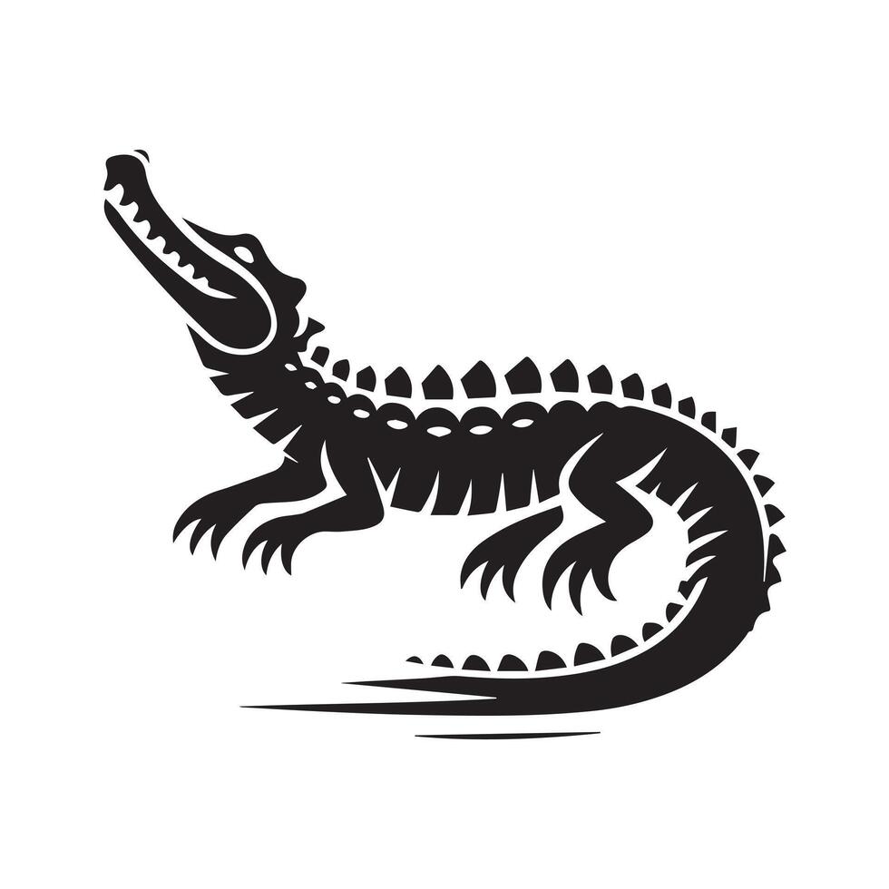 A powerful, black and white silhouette of a crocodile is featured in a circular design, set against a light gray background. vector