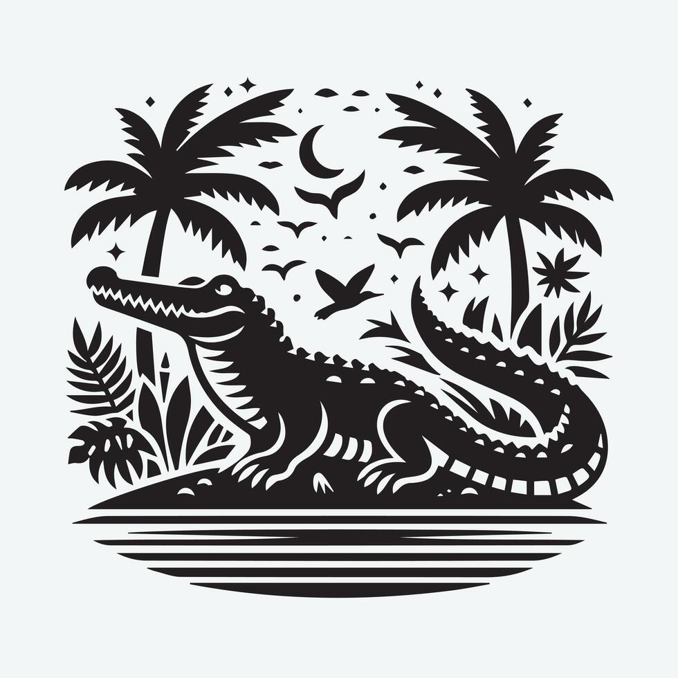 A bold, black and white graphic of an alligator, rendered in a vintage, stylized woodcut or linocut style. vector